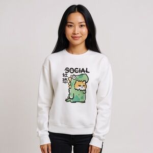 Anti-Social Kawaii Cat Dinosaur Graphic Sweatshirt White Unisex Streetwear- M
